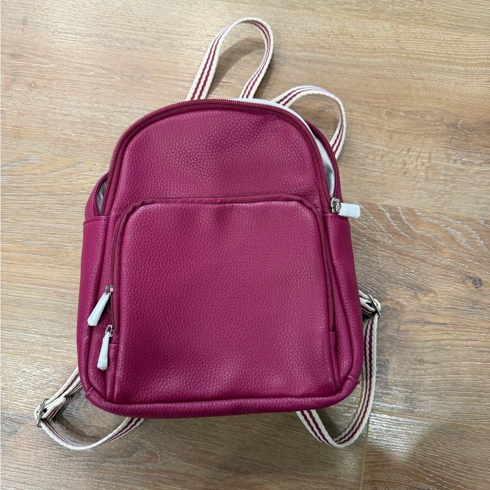 thirty-one Raspberry Faux Leather Mini Backpack with Striped Straps
